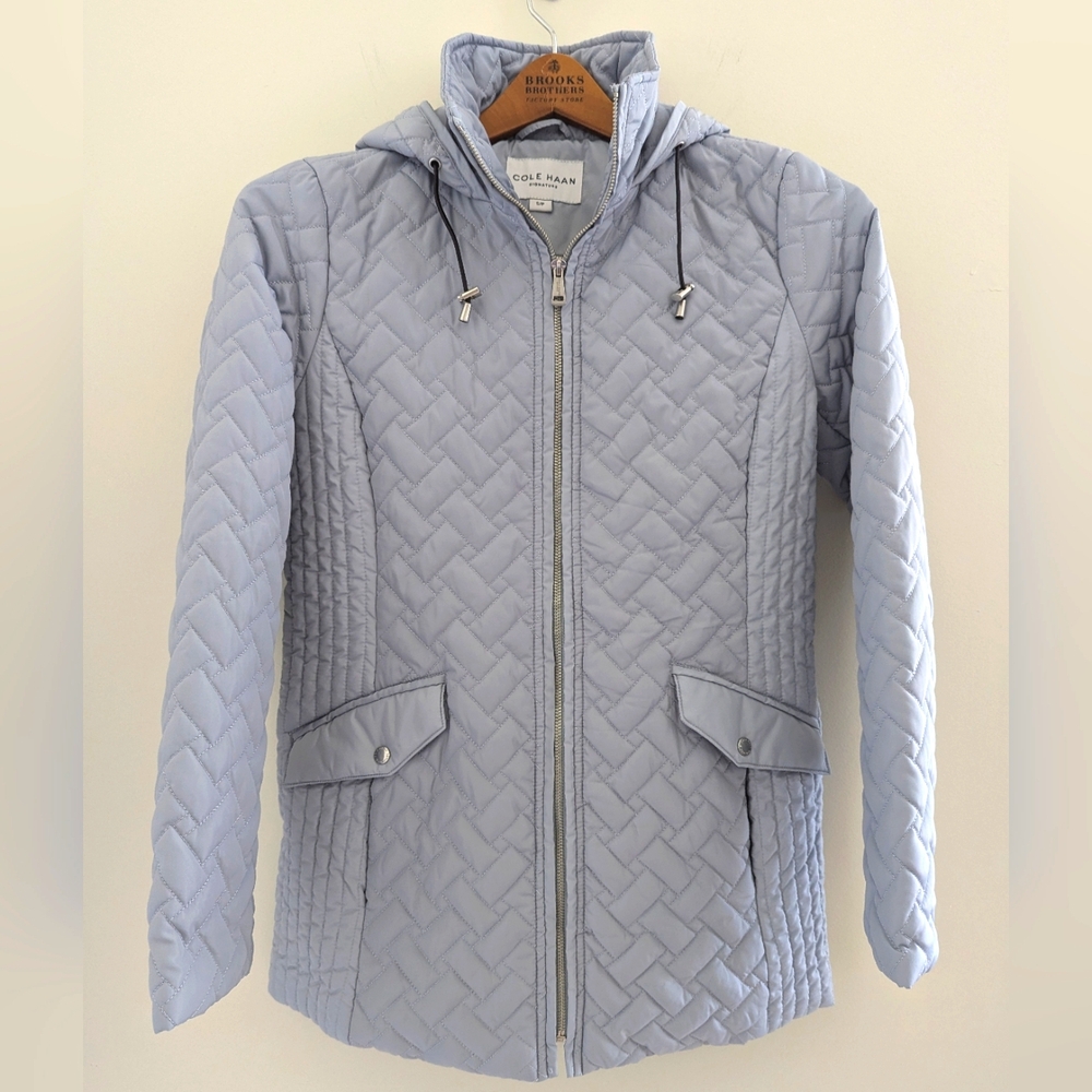 COLE HAAN Signature Quilted Hooded Jacket WOMEN'S S Small Outdoor Sky Blue MINT - Picture 5 of 15